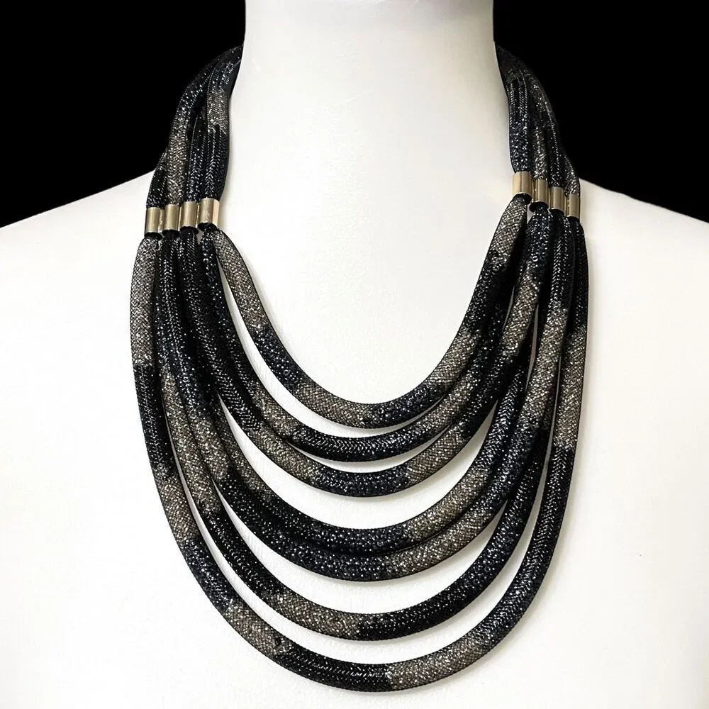 Chicos Chunky Statement Necklace Gold Tone Black Blue Mesh Tube Tiered Layered